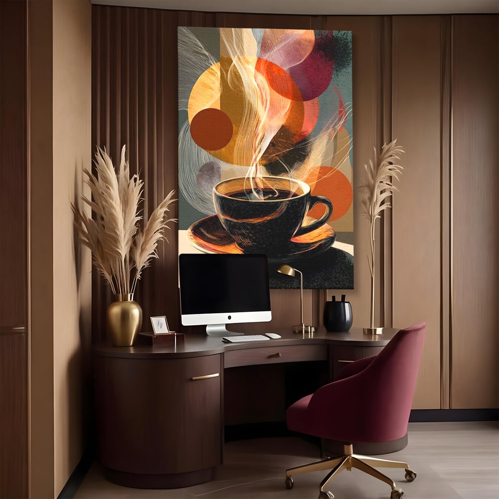 Tablou canvas cu tablou canvas cu ceasca de cafea, fara rama, pe sasiu de lemn, pe perete intr-un birou
